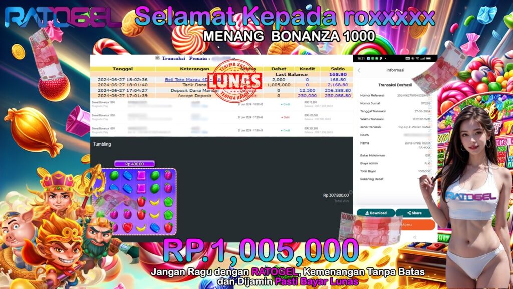 BUKTI JACKPOT SLOT SWEET BONANZA 1000 TERPERCAYA DI INDONESIA TGL 27-06-2024