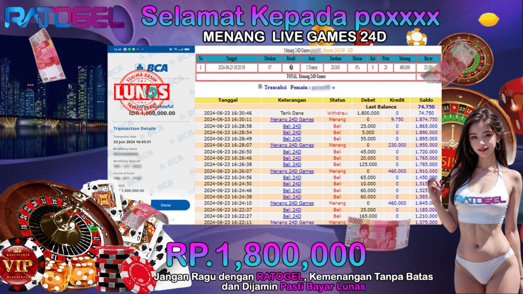 BUKTI JACKPOT LIVE CASINO 24D GAMES TERPERCAYA DI INDONESIA TGL 23-06-2024