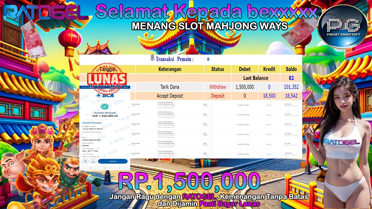 BUKTI JACKPOT SLOT MAHJONG WAYS TERPERCAYA DI INDONESIA TGL 13-07-2024