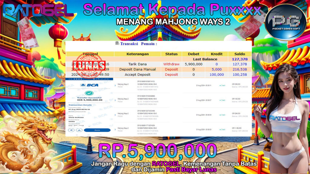 BUKTI JACKPOT SLOT MAHJONG WAYS 2 TERPERCAYA DI INDONESIA TGL 01-08-2024