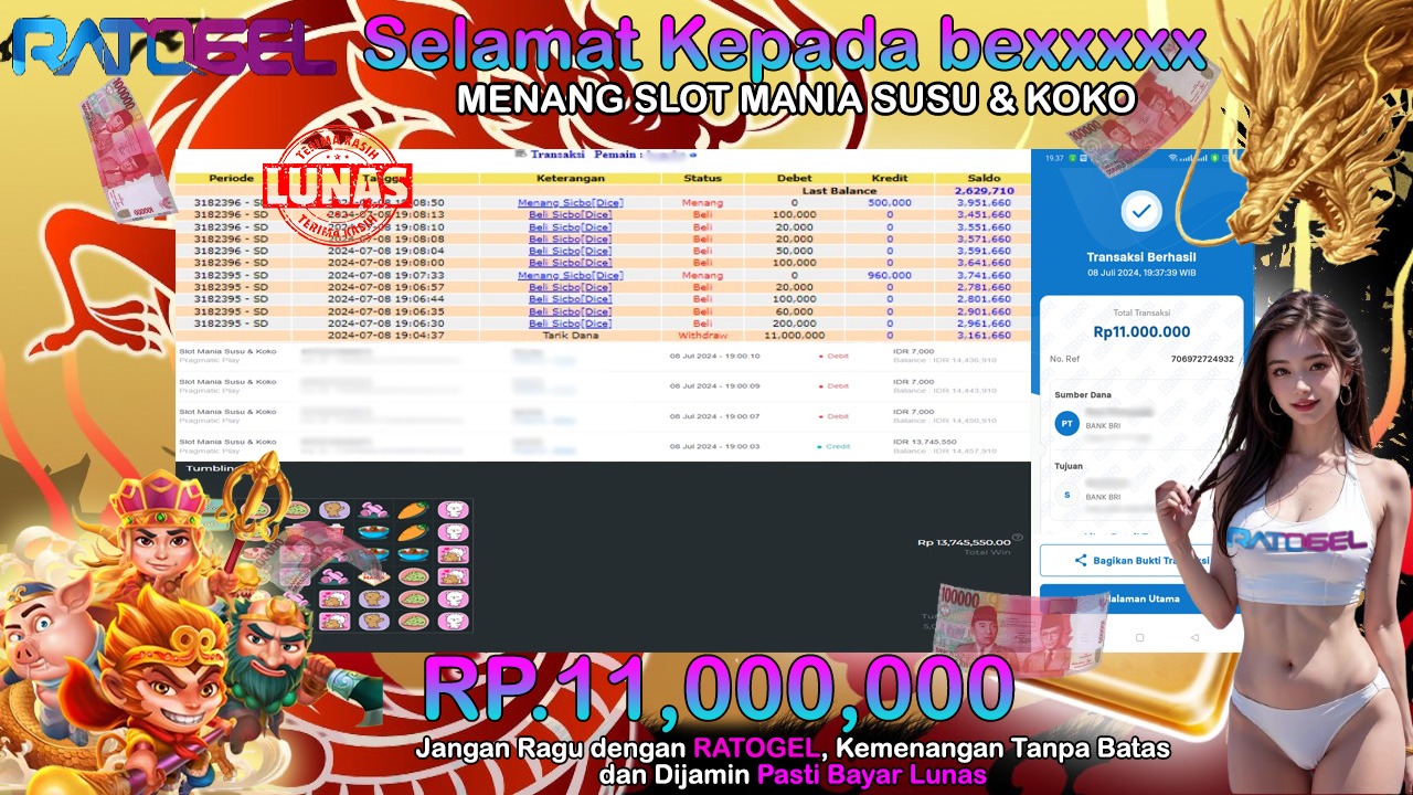 BUKTI JACKPOT SLOT MANIA SUSU & KOKO TERPERCAYA DI INDONESIA TGL 08-07-2024