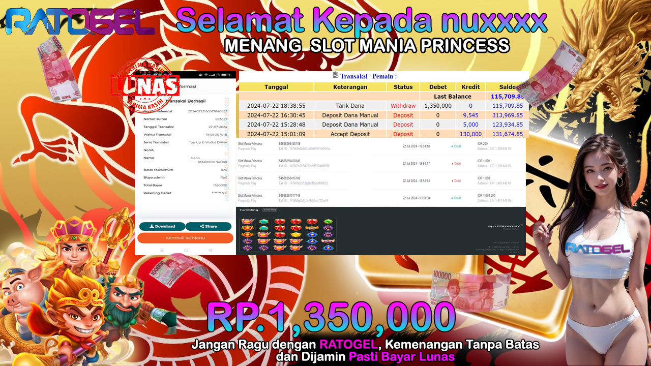 BUKTI JACKPOT SLOT MANIA PRINCES  TERPERCAYA DI INDONESIA TGL 22-07-2024