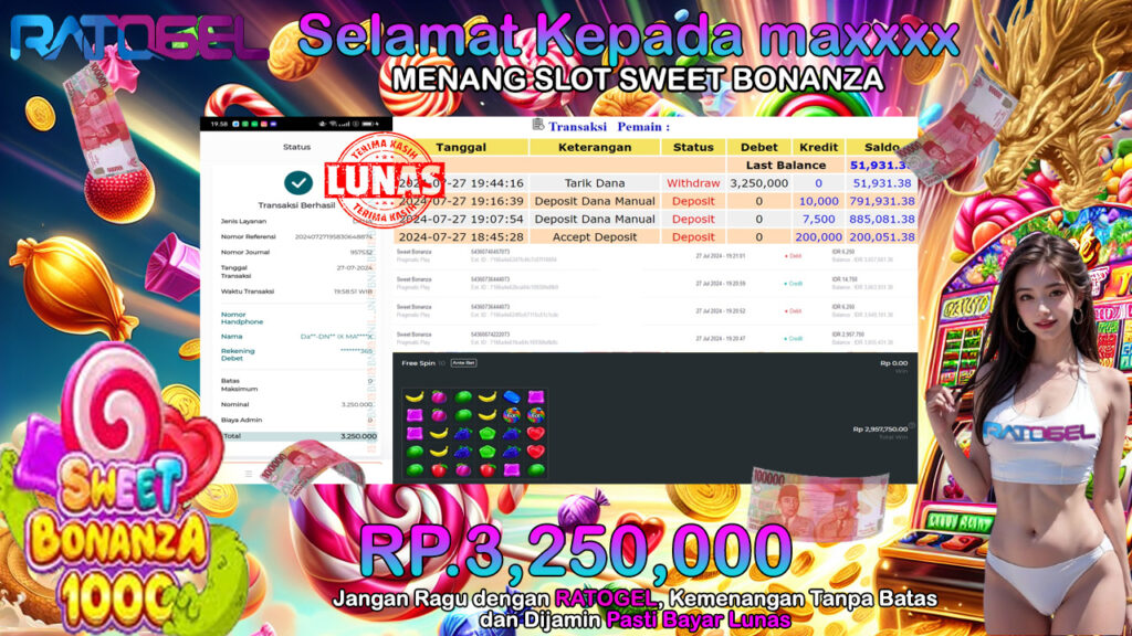 BUKTI JACKPOT SLOT SWEET BONANZA TERPERCAYA DI INDONESIA TGL 27-07-2024