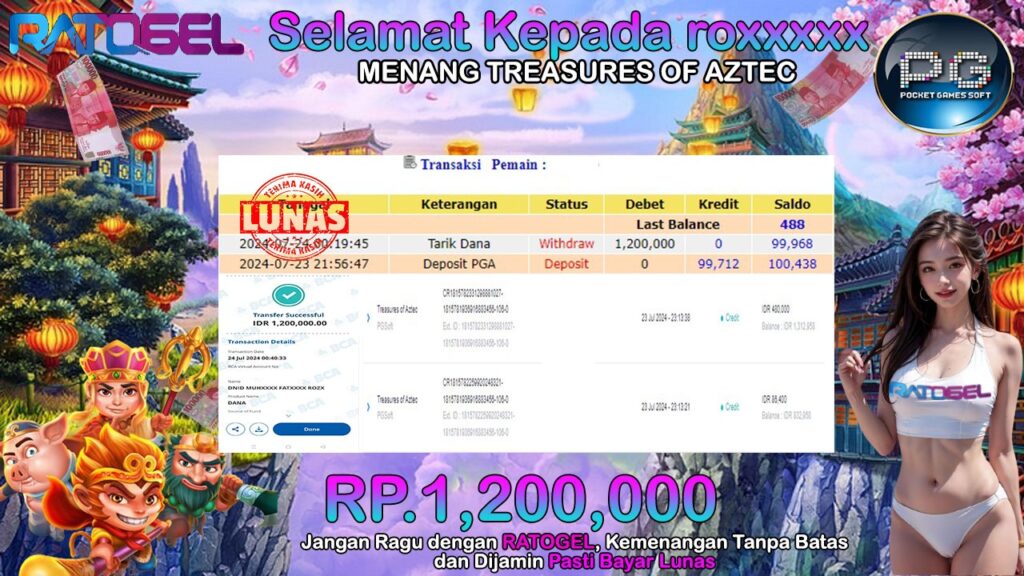 BUKTI JACKPOT SLOT TREASURES OF AZTEC TERPERCAYA DI INDONESIA TGL 24-07-2024