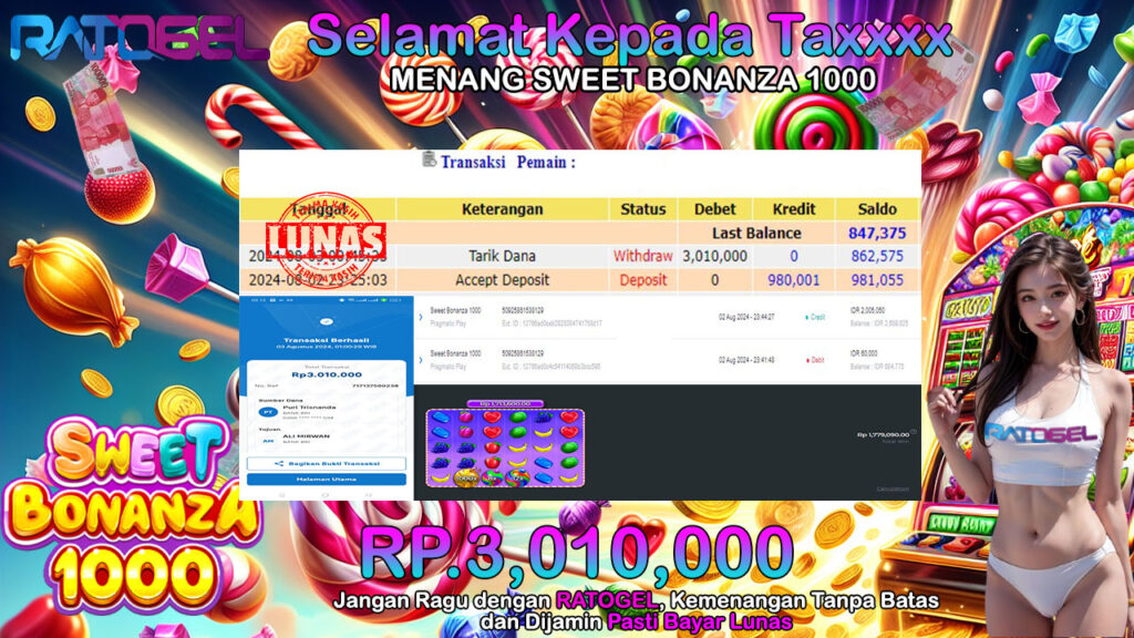 BUKTI JACKPOT SLOT SWEET BONANZA 1000 TERPERCAYA DI INDONESIA TGL 03-08-2024