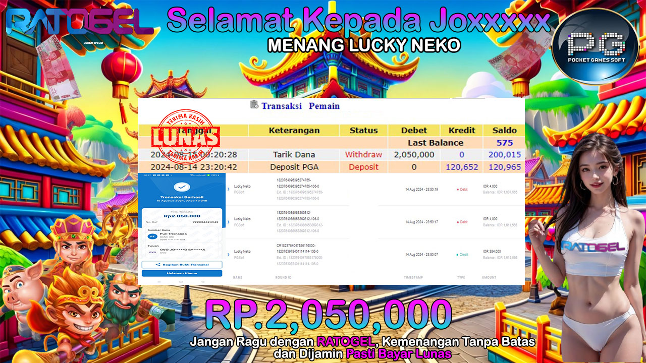 BUKTI JACKPOT SLOT LUCKY NEKO  TERPERCAYA DI INDONESIA TGL 15-08-2024