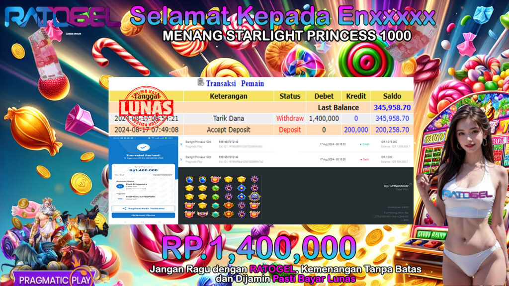 BUKTI JACKPOT SLOT STARLIGHT PRINCESS 1000 TERPERCAYA DI INDONESIA TGL 17-08-2024