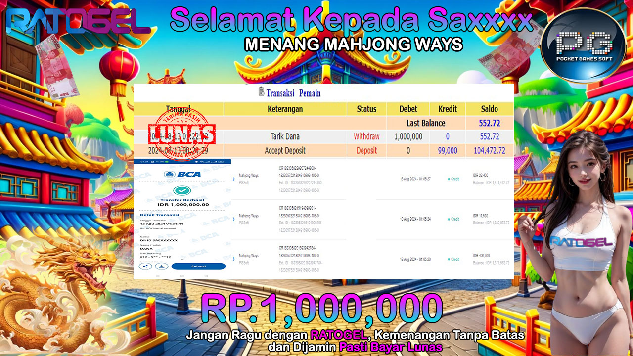 BUKTI JACKPOT SLOT MAHJONG WAYS TERPERCAYA DI INDONESIA TGL 13-08-2024