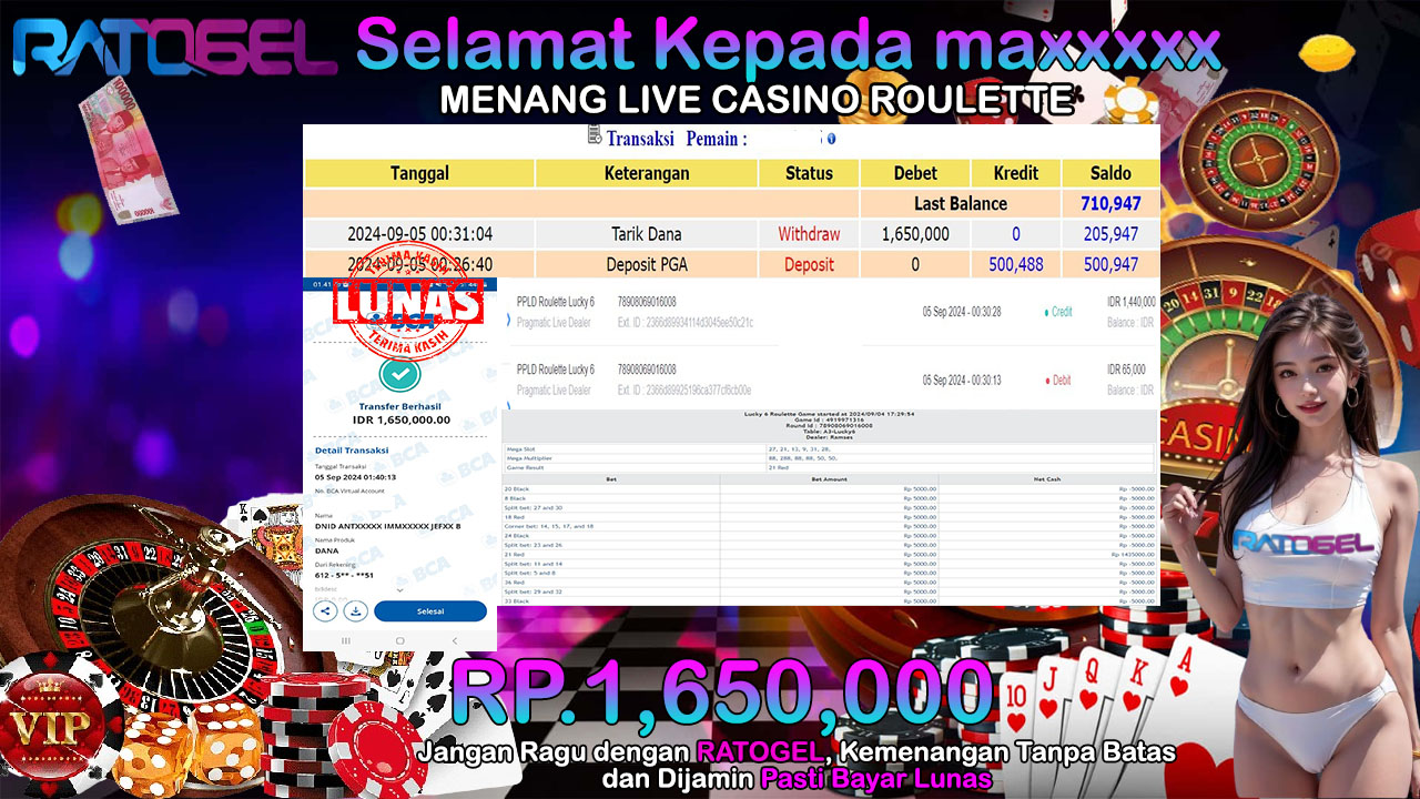 BUKTI JACKPOT LIVE CASINO ROULETTE TERPERCAYA DI INDONESIA TGL 05-09-2024