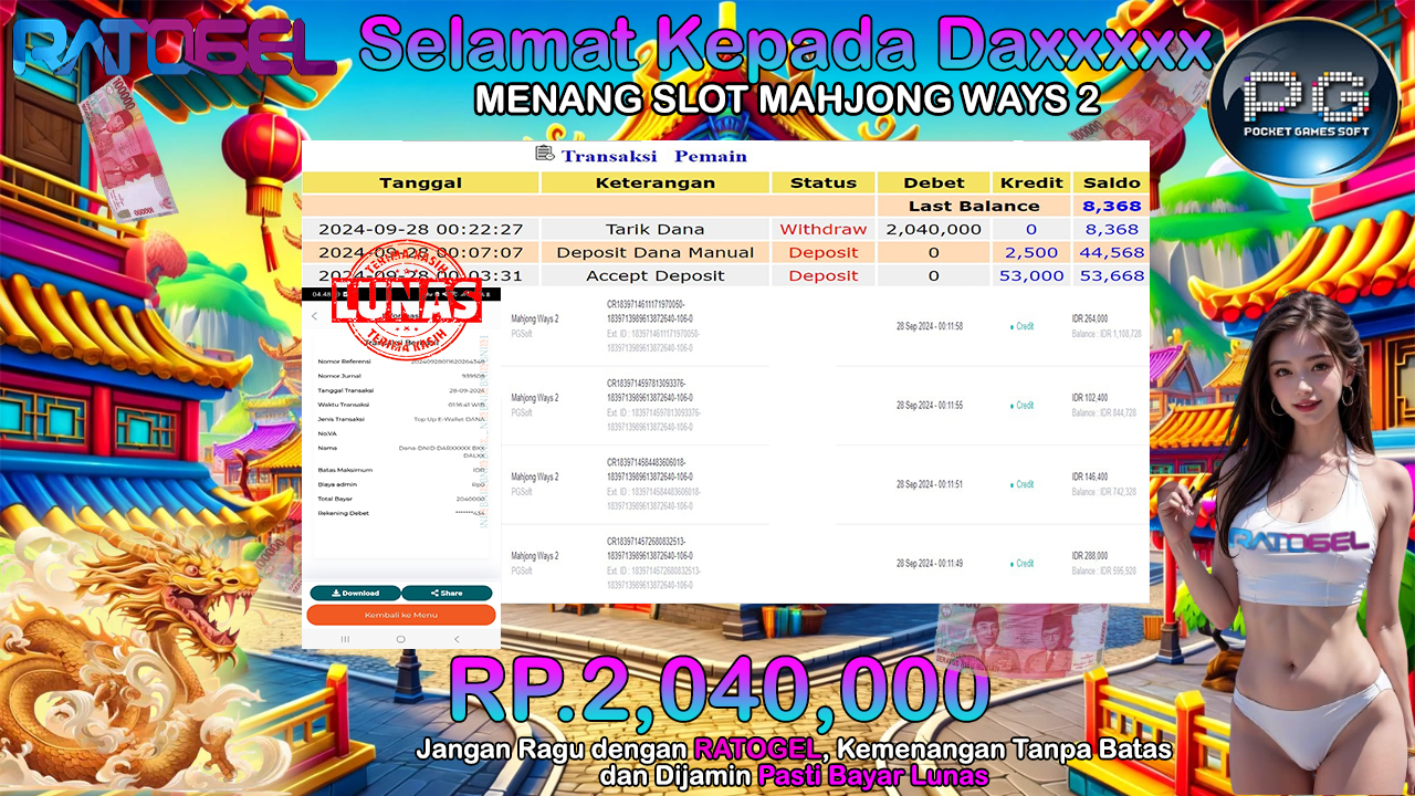 BUKTI JACKPOT SLOT MAHJONG WAYS 2 TERPERCAYA DI INDONESIA TGL 28-09-2024