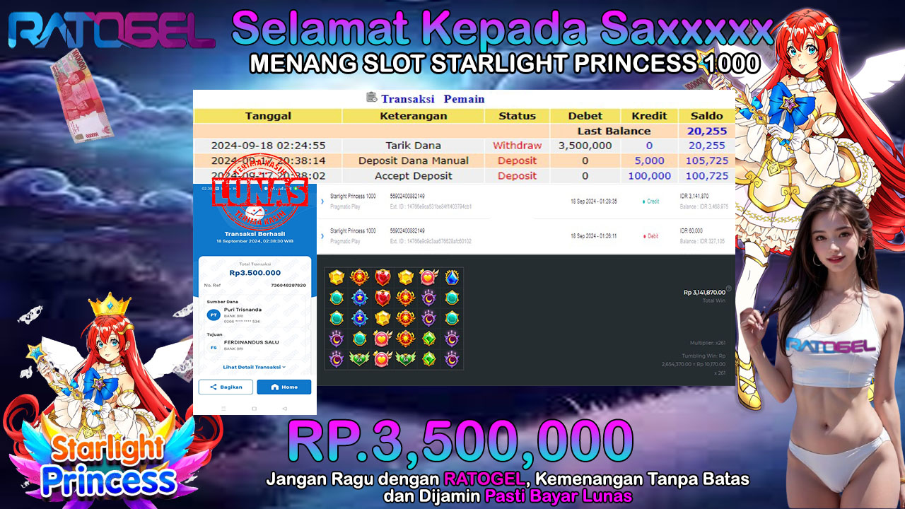 BUKTI JACKPOT SLOT STARLIGHT PRINCESS 1000 TERPERCAYA DI INDONESIA TGL 18-09-2024